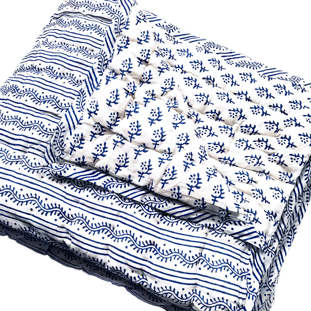 Tilonia® Queen Quilt - Centipede Stripe &amp; Sprig in Blue from Sprout Enterprise®