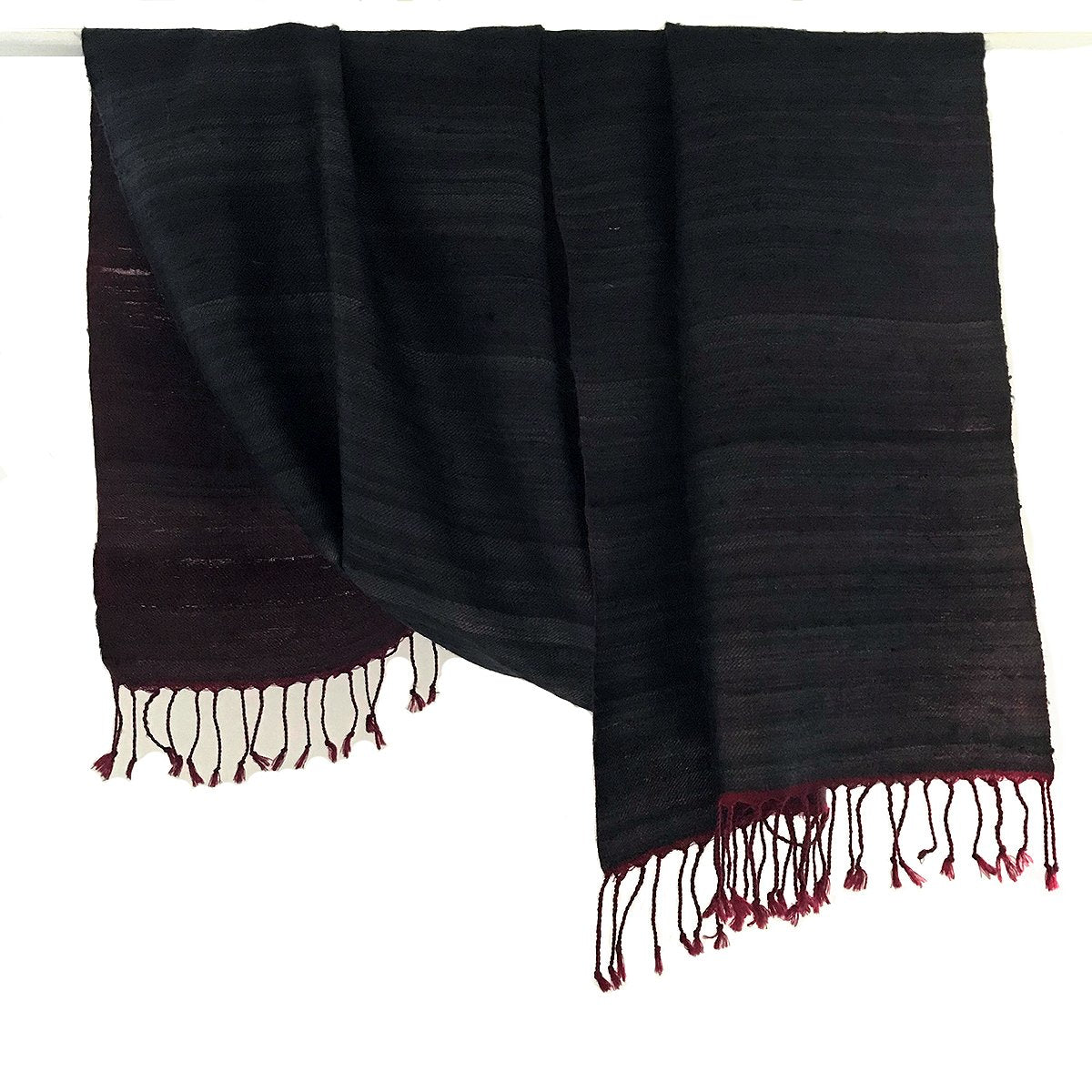 Avani Wild Silk &amp; Wool Shawl in Charcoal &amp; Maroon Red