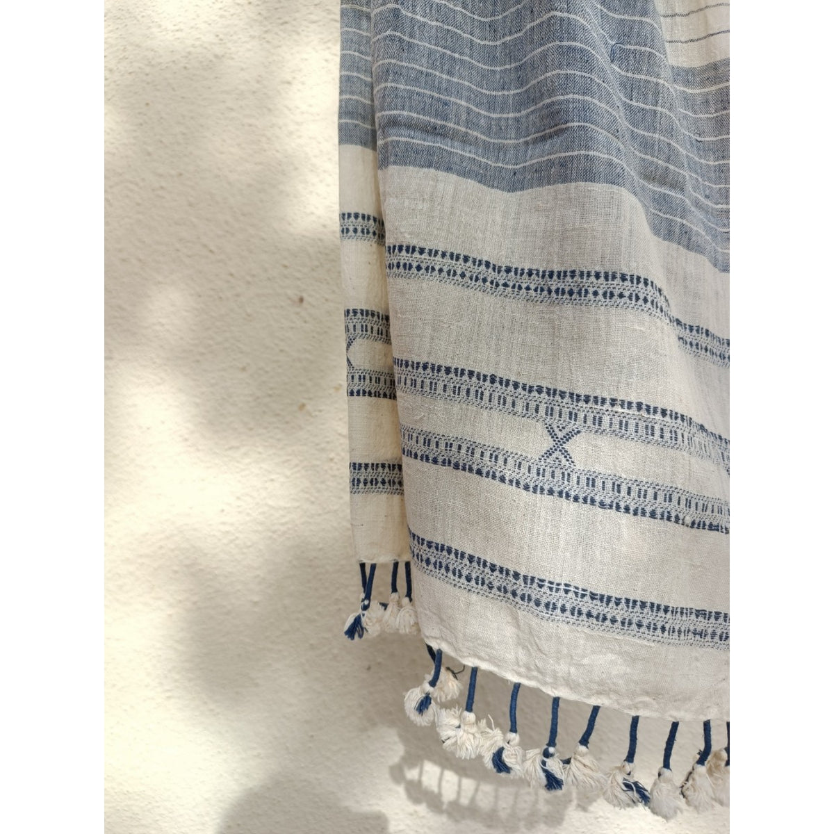 Handwoven Kutchy Shawl with Blue Motif &amp; Pompoms