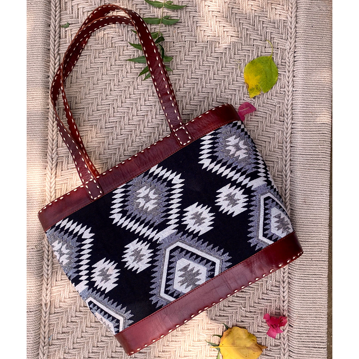 Tilonia® Leather Tote Bag with Black &amp; White Tribal Fabric